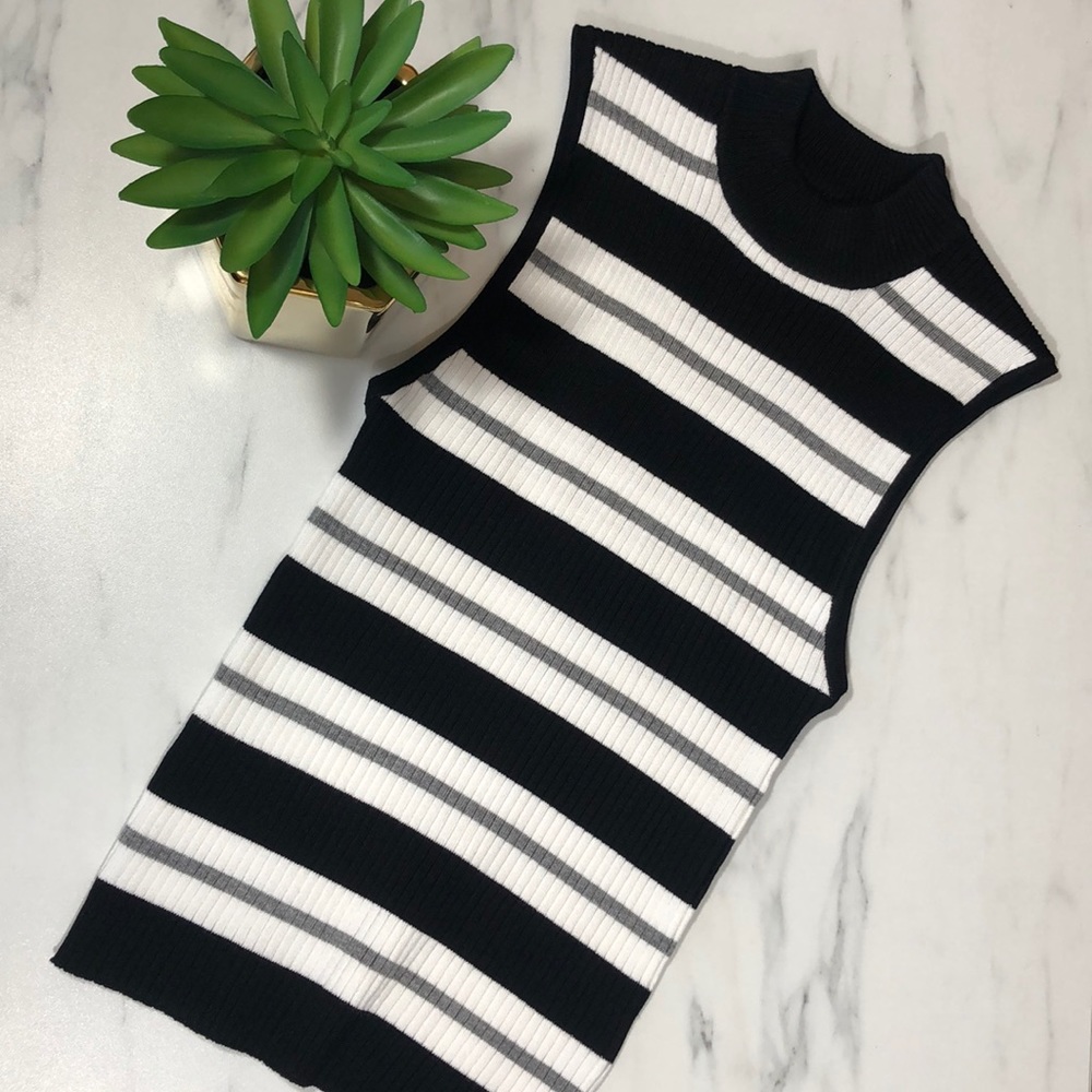 Sleeveless turtleneck top.